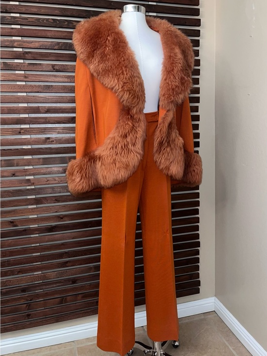 American Vintage Pants - 2 PC 1970s Vintage Orange Faux Fur Cape Coat & Matching High Waist Slacks Pants